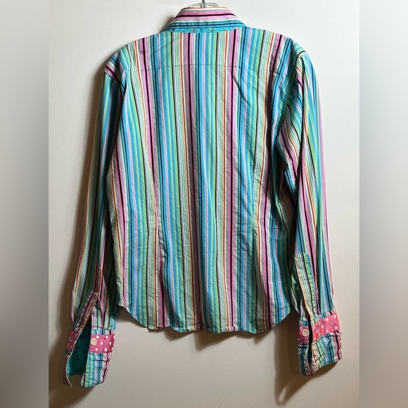 Shirtales Women’s Blouse Striped Ribbon Collar Flip Cuff Size M Long Sleeve - Picture 3 of 13